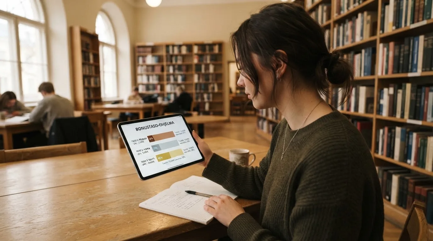 Nuori aikuinen istuu kirjaston pöydän ääressä tablet-laite kädessään hiljaisessa tilassa täynnä kirjahyllyjä.